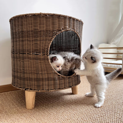Warm, Semi-enclosed Wicker Cat Bed For Winter