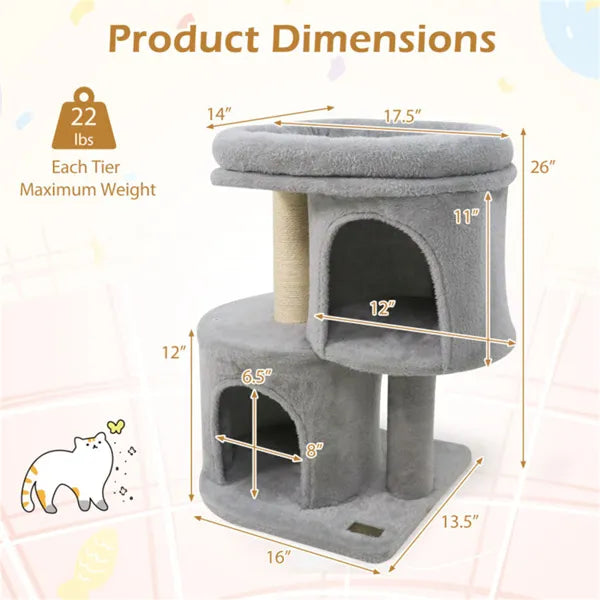 26" Compact Cat Tree with 2 Condos &
