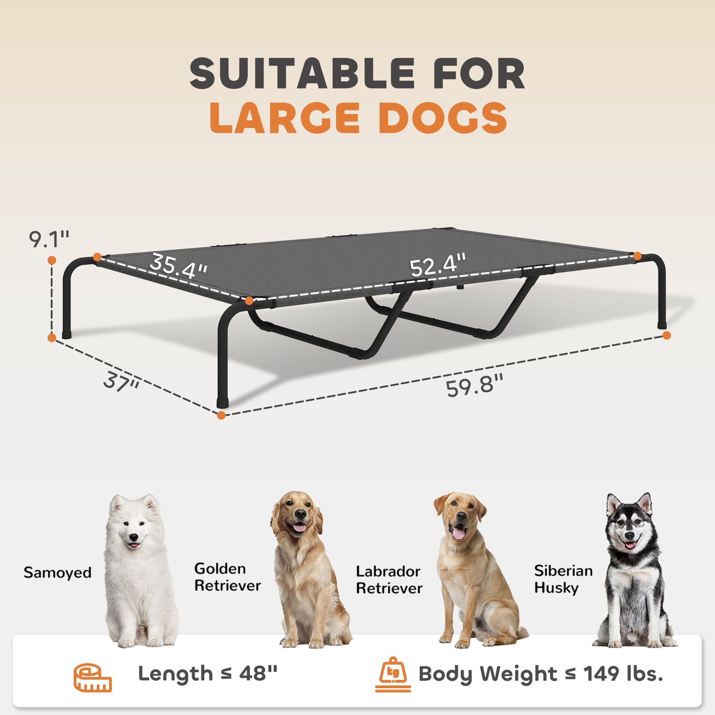 Elevated Dog Bed for Large Breeds Gray 60"L